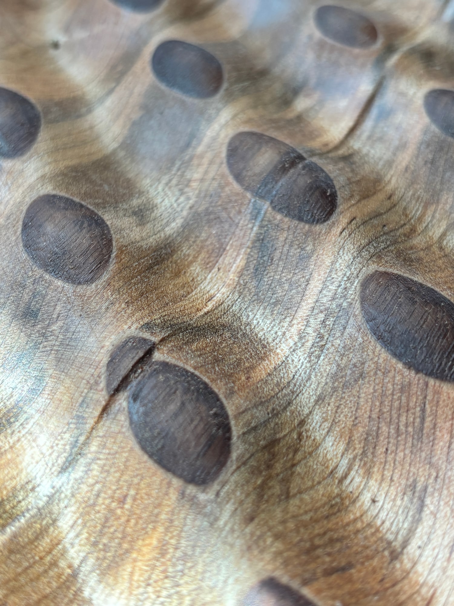 Close-up of the first carved piece, with a discontinuous seam cutting through the dark oval bulges.